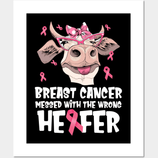 In October We Wear Pink Ribbon Cute Cow  Breast Cancer Month Posters and Art